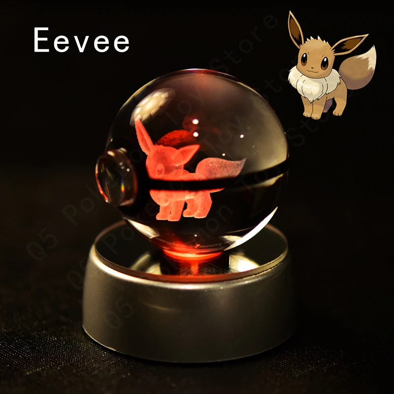 Pokemon 3D Crystal Ball Pikachu Gengar Eevee Mewtwo Anime Game Pokeball Led Night Light Base Kids Birthday Gift Home Decoration