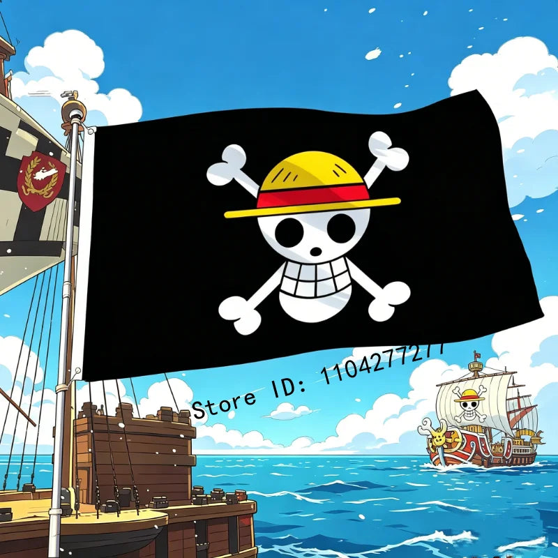 Anime One Piece Luffy Straw Hat Pirates Flag 90x150cm, Jolly Roger Skull Banner for Bedroom, Cosplay, Party & Outdoor Decor
