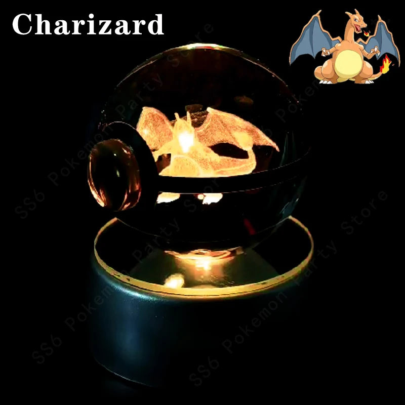 Pokemon 3D Crystal Ball Pikachu Gengar Eevee Mewtwo Anime Game Pokeball Led Night Light Base Kids Birthday Gift Home Decoration