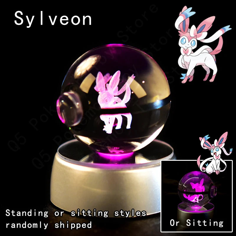 Pokemon 3D Crystal Ball Pikachu Gengar Eevee Mewtwo Anime Game Pokeball Led Night Light Base Kids Birthday Gift Home Decoration