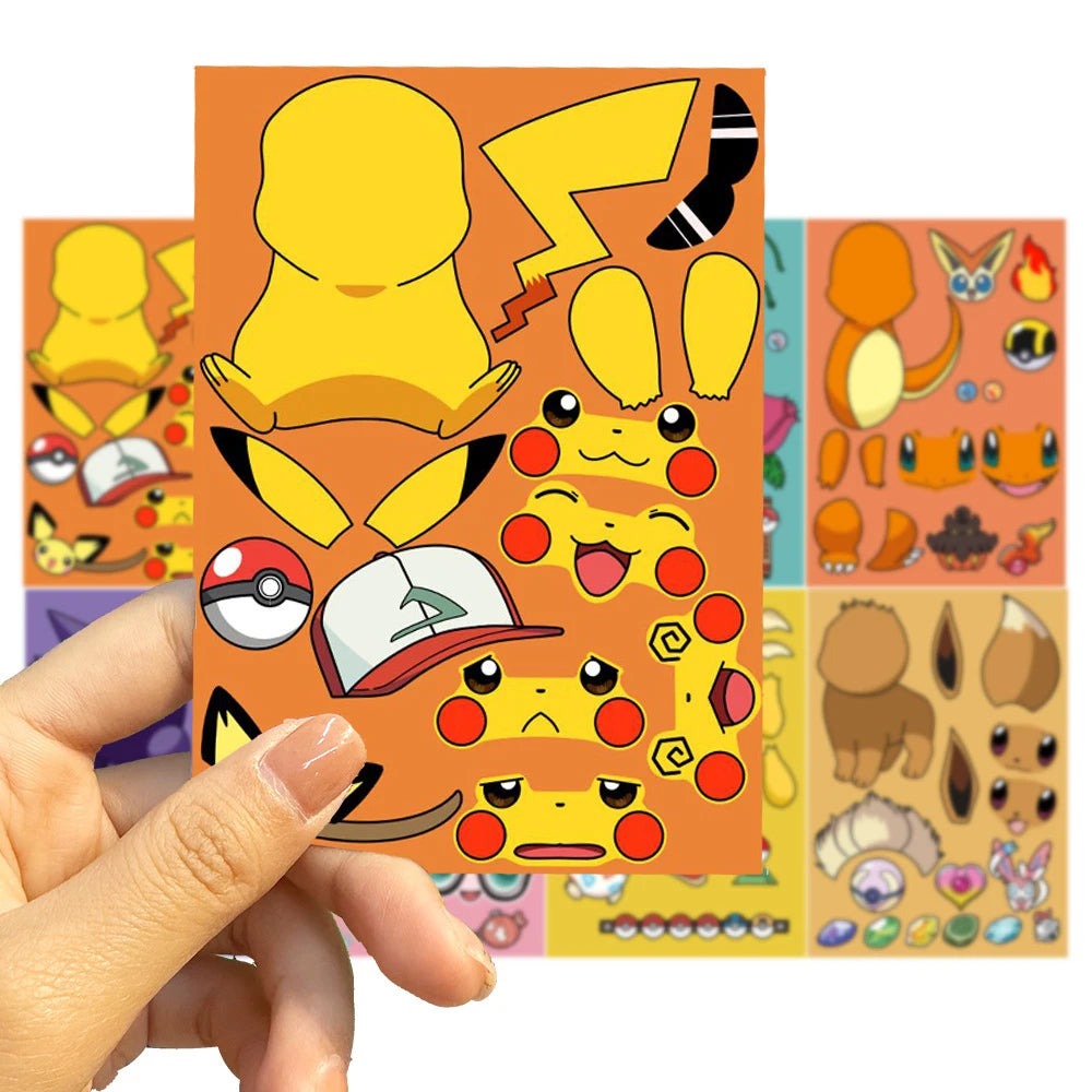 8/16sheets Pokemon Anime Pikachu Gengar Puzzle Stickers Make A Face Children Cartoon DIY Assemble Jigsaw Decals Kids Party Decor