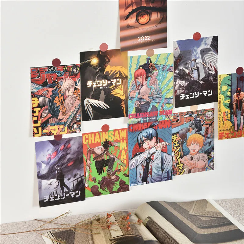 10Pcs Japenese Anime Chainsaw Men Character Poster Sticker Postcard Gift Home Study Room Wall Background Decor Pictures Painting