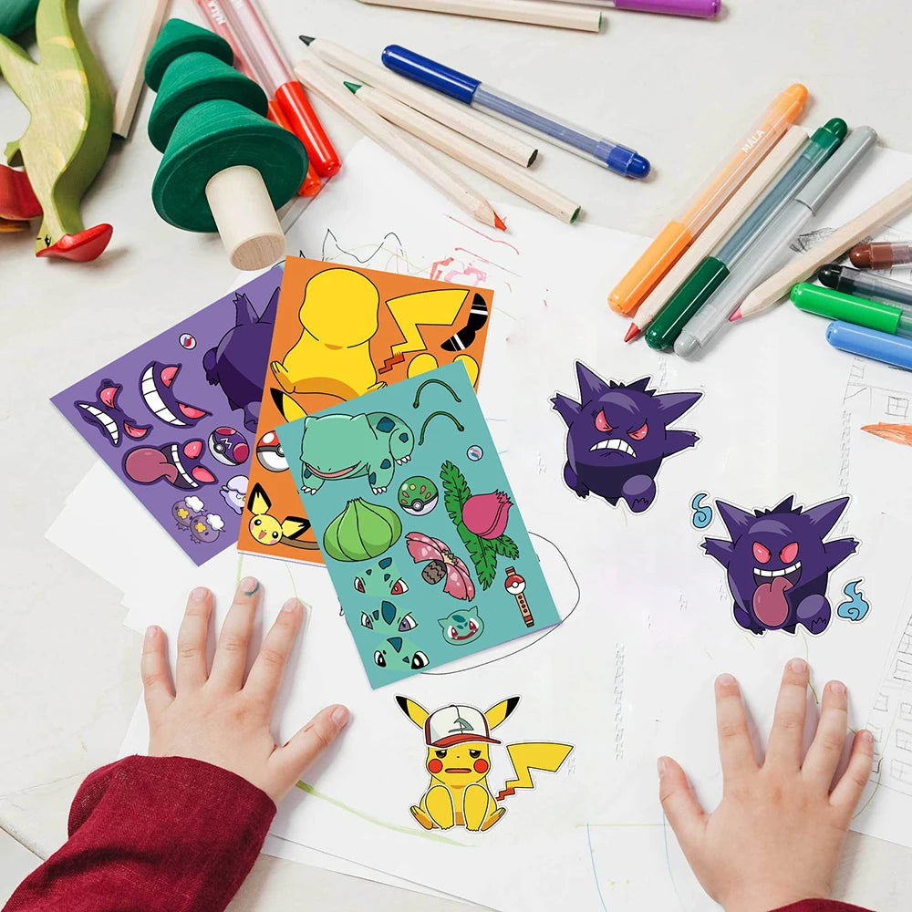 8/16sheets Pokemon Anime Pikachu Gengar Puzzle Stickers Make A Face Children Cartoon DIY Assemble Jigsaw Decals Kids Party Decor