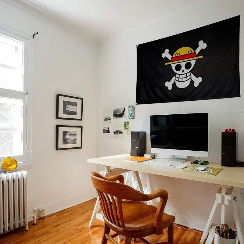 Anime One Piece Luffy Straw Hat Pirates Flag 90x150cm, Jolly Roger Skull Banner for Bedroom, Cosplay, Party & Outdoor Decor