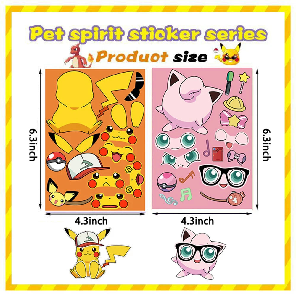 8/16sheets Pokemon Anime Pikachu Gengar Puzzle Stickers Make A Face Children Cartoon DIY Assemble Jigsaw Decals Kids Party Decor