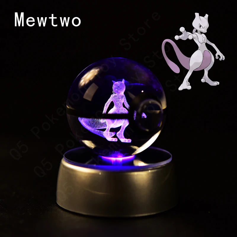 Pokemon 3D Crystal Ball Pikachu Gengar Eevee Mewtwo Anime Game Pokeball Led Night Light Base Kids Birthday Gift Home Decoration