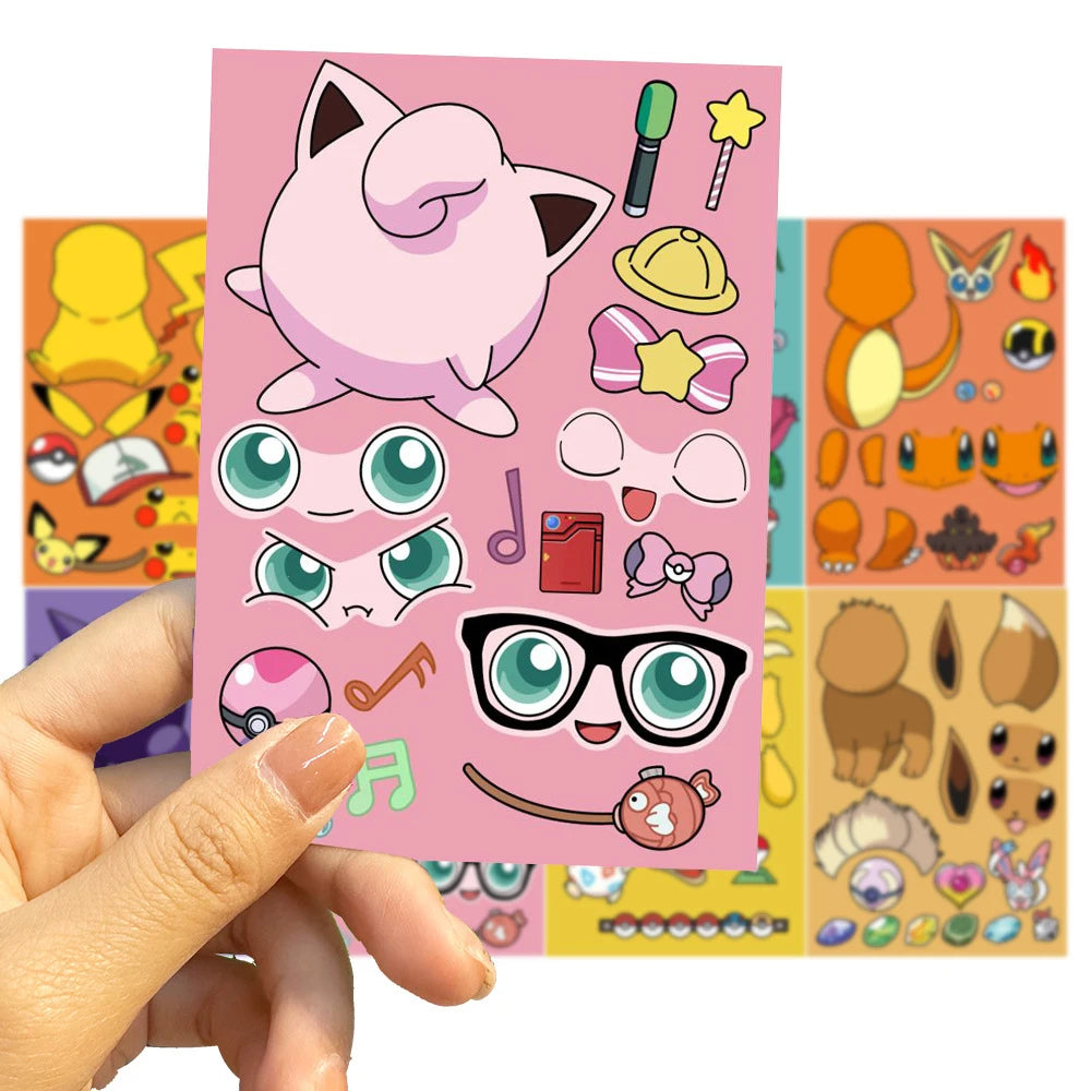 8/16sheets Pokemon Anime Pikachu Gengar Puzzle Stickers Make A Face Children Cartoon DIY Assemble Jigsaw Decals Kids Party Decor