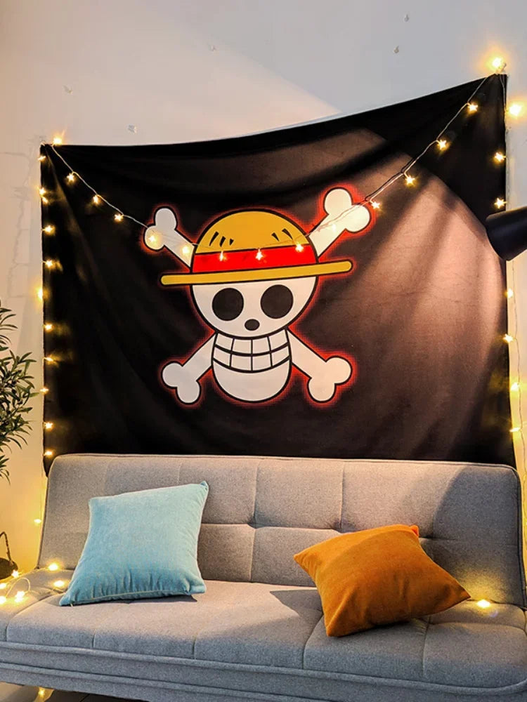Anime One Piece Luffy Straw Hat Pirates Flag 90x150cm, Jolly Roger Skull Banner for Bedroom, Cosplay, Party & Outdoor Decor