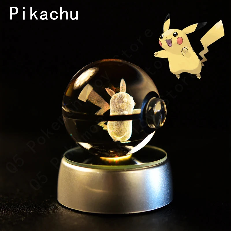 Pokemon 3D Crystal Ball Pikachu Gengar Eevee Mewtwo Anime Game Pokeball Led Night Light Base Kids Birthday Gift Home Decoration
